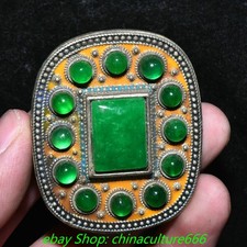 2.4" Old China Dynasty Silver Cloisonne Inlay Green Gems Belt Buckle Statue