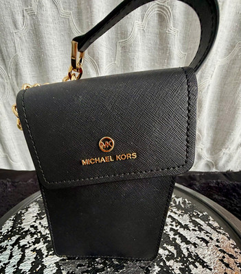 Michael Kors Black Crossbody Phone Bag Logo Gold Hardware Chain Adjustable Strap