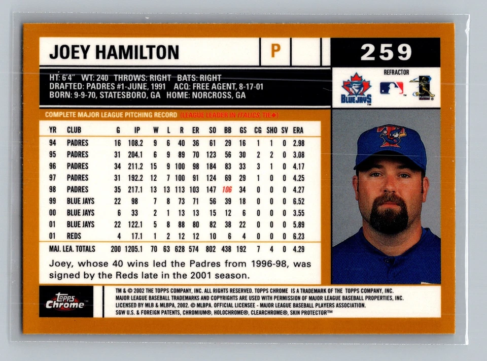 Topps 2002 refractor cromado #259 Joey Hamilton Toronto Blue Jays Foto 2 de 2