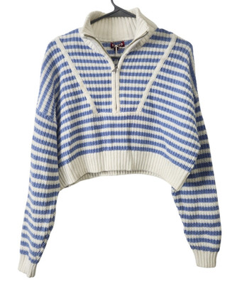 Staud Womens XS Cropped Hampton Sweater 1/4 Zip Sea Stripe Blue White