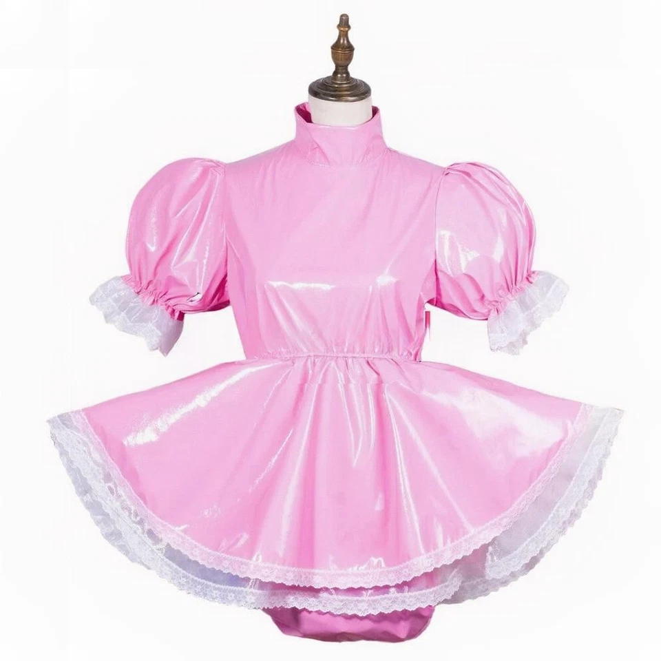 Niña Criada Sissy Rosa PVC Vestido Cruzado Sexy Cosplay Disfraces A Medida Foto 2 de 4