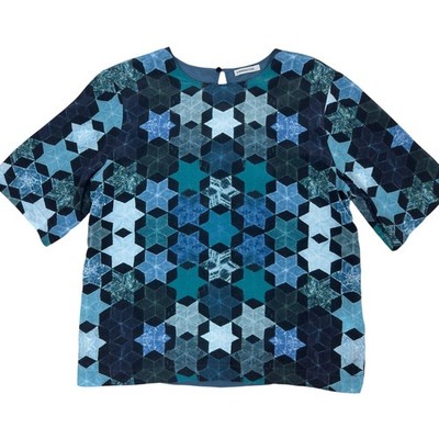 Emma Cook Estelle Tee Women 12 Blue Silk Geometric Star Mosaic Short Sleeve Top