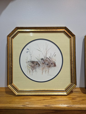 #ad #ad VTG MCM Baby Rabbits Mads Stage Art Print Signed Framed Matted **See Desc $45.00