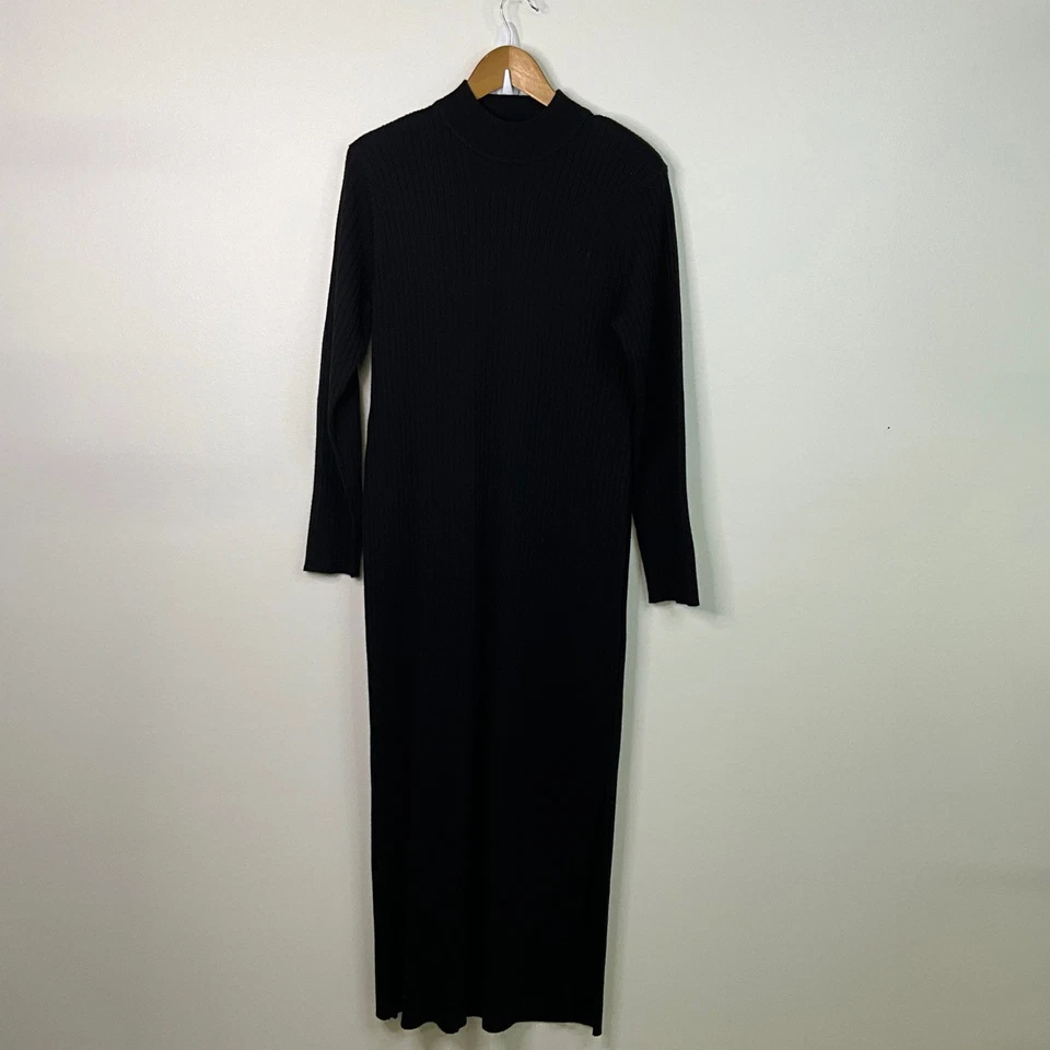 Nina Leonard Black Ribbed Knit Mock Neck Maxi Sweater Dress Size L Long Sleeve - Image 2 of 4