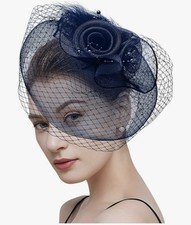 Womens Fascinator Tea Party Hat with Mesh Church Flower Headband  Clip. Navy