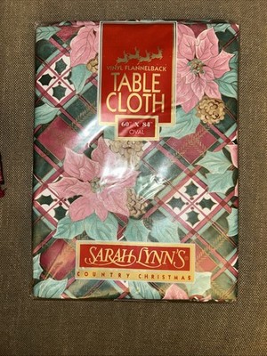 Sarah Lynn's Country Xmas Vinyl Flannel Back Tablecloth Oval 60 x84 Poinsettias