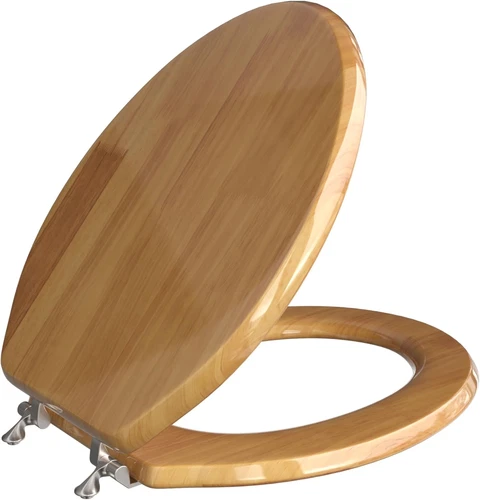 Designer Elongated Oak Toilet Seat with Brushed Nickel Hinges - Picture 1 of 5