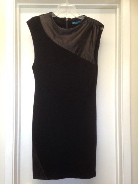 ALICE + OLIVIA Black Dress Real Leather Trim Expose Back Zip Sz Large EUC