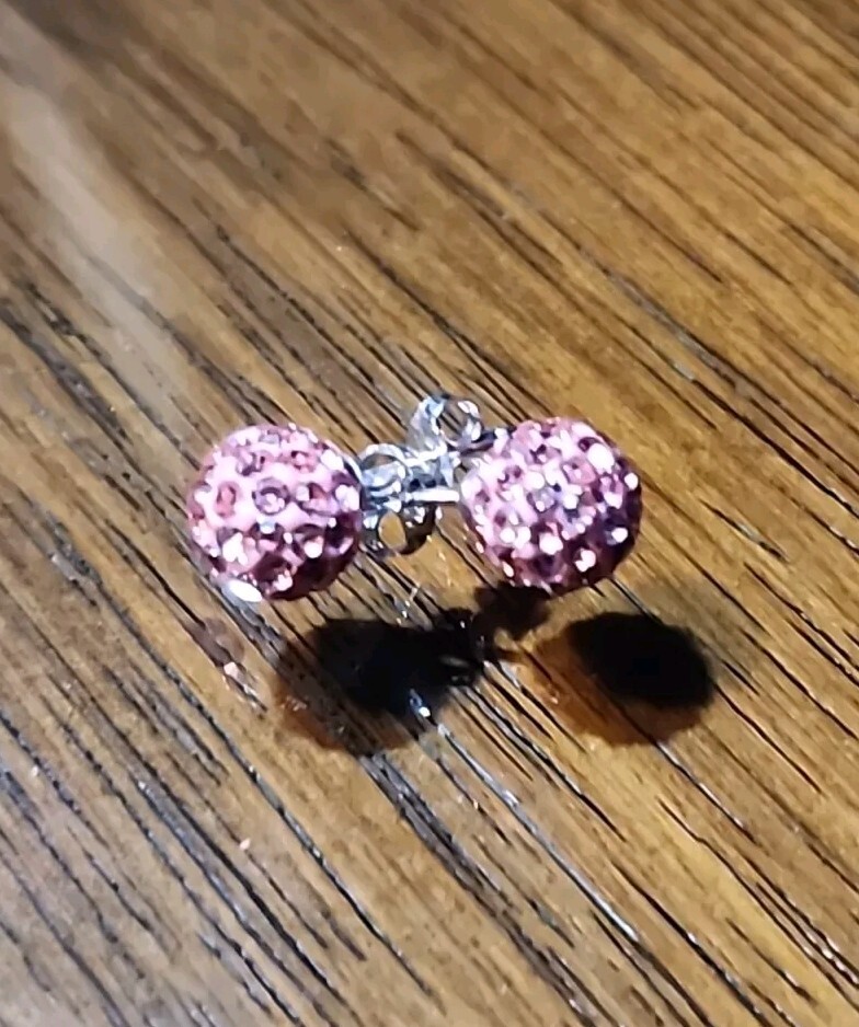 Sparkle Crystal Pave Disco Ball 925 Silver Pink Stud Earrings
