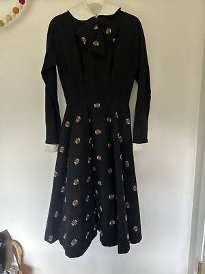 VINTAGE MAM'SELLE BY BETTY CAROL BLACK WOOL FULL SWEEP DRESS- Peter Pan Collar