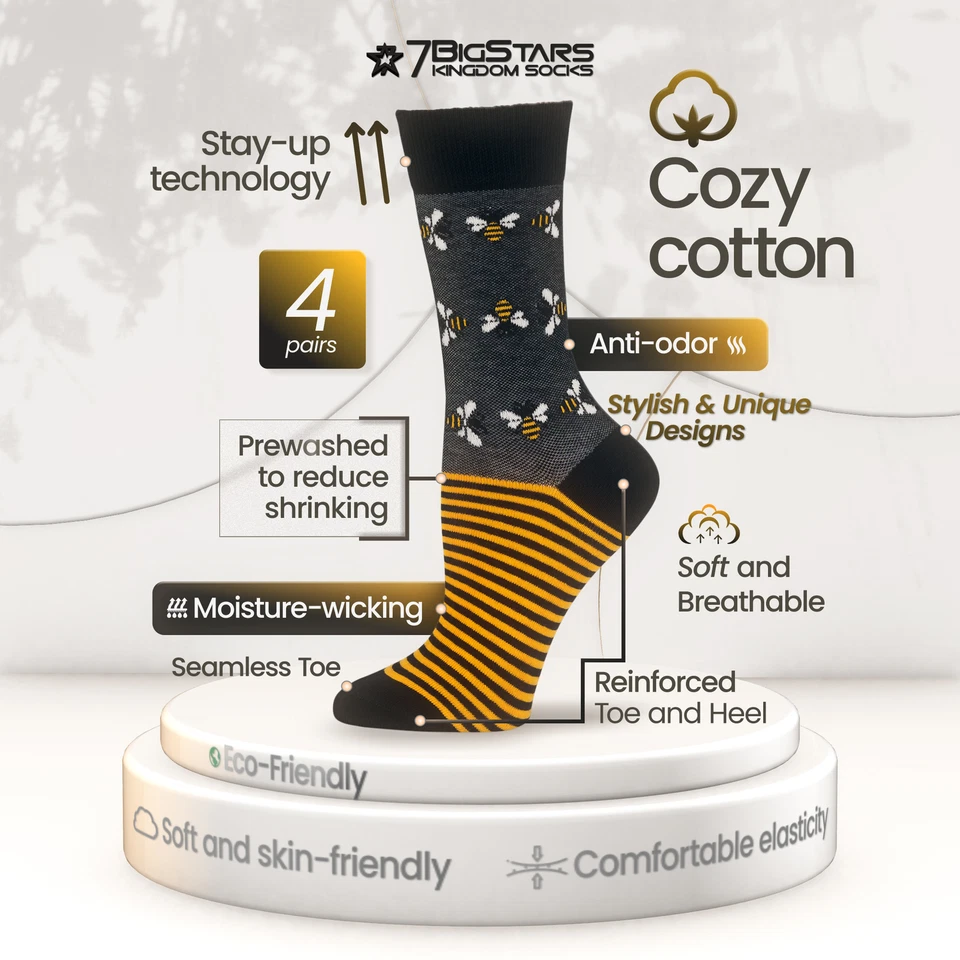 Calcetines de algodón para mujer - Paquete de 4 medianos - rayas de oso abeja - negro marrón Foto 2 de 4