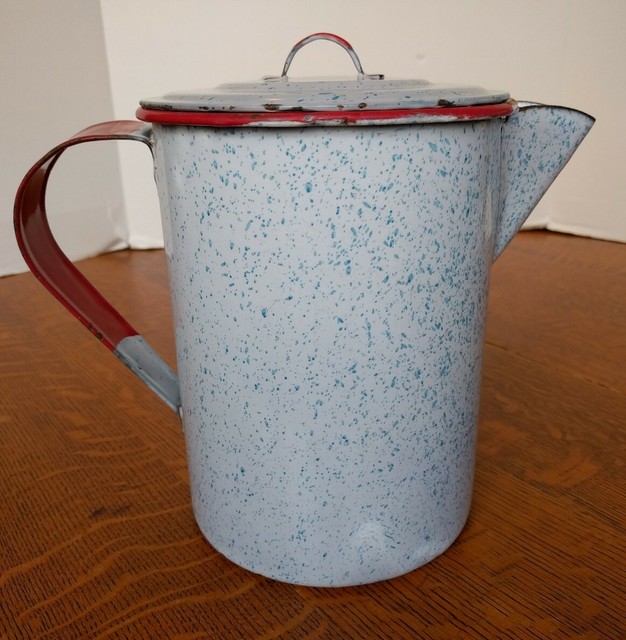 Graniteware Coffee Pot Boiler White & Blue Speckled Red Trim 9" Large Farmhouse eBay