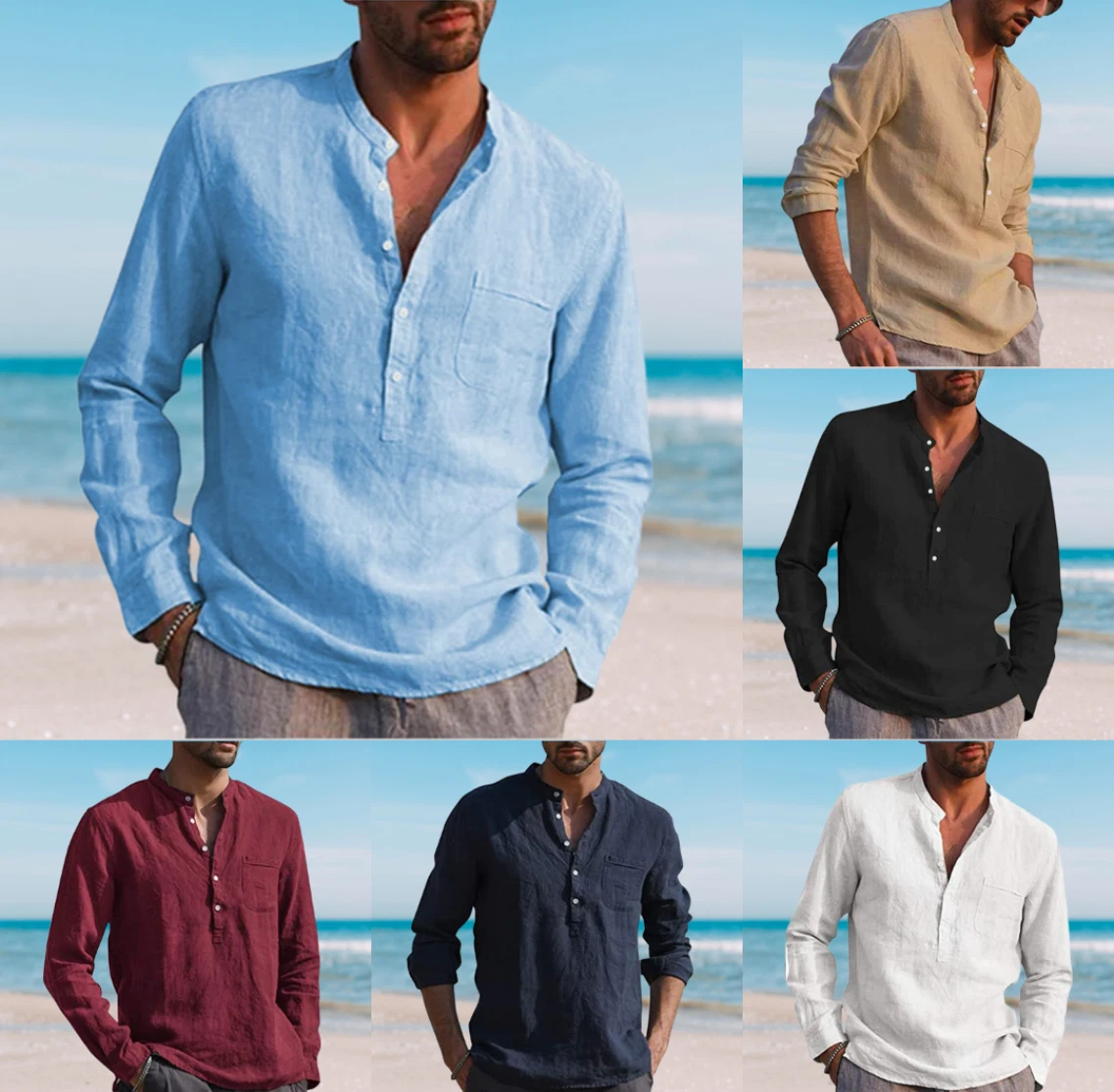 Shirt Men's Long Sleeve Button-Up T-shirt Cotton Linen Casual Summer Polo *SALE*