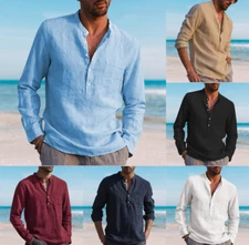 Shirt Men's Long Sleeve Button-Up T-shirt Cotton Linen Casual Summer Polo *SALE*