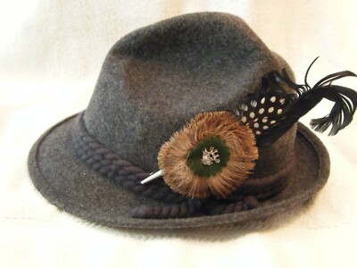   GERMANY ALPINE TYROLEAN FEDORA HAT GRAY W/ WILD BOAR MEDAL 100% WOOL 3PT8