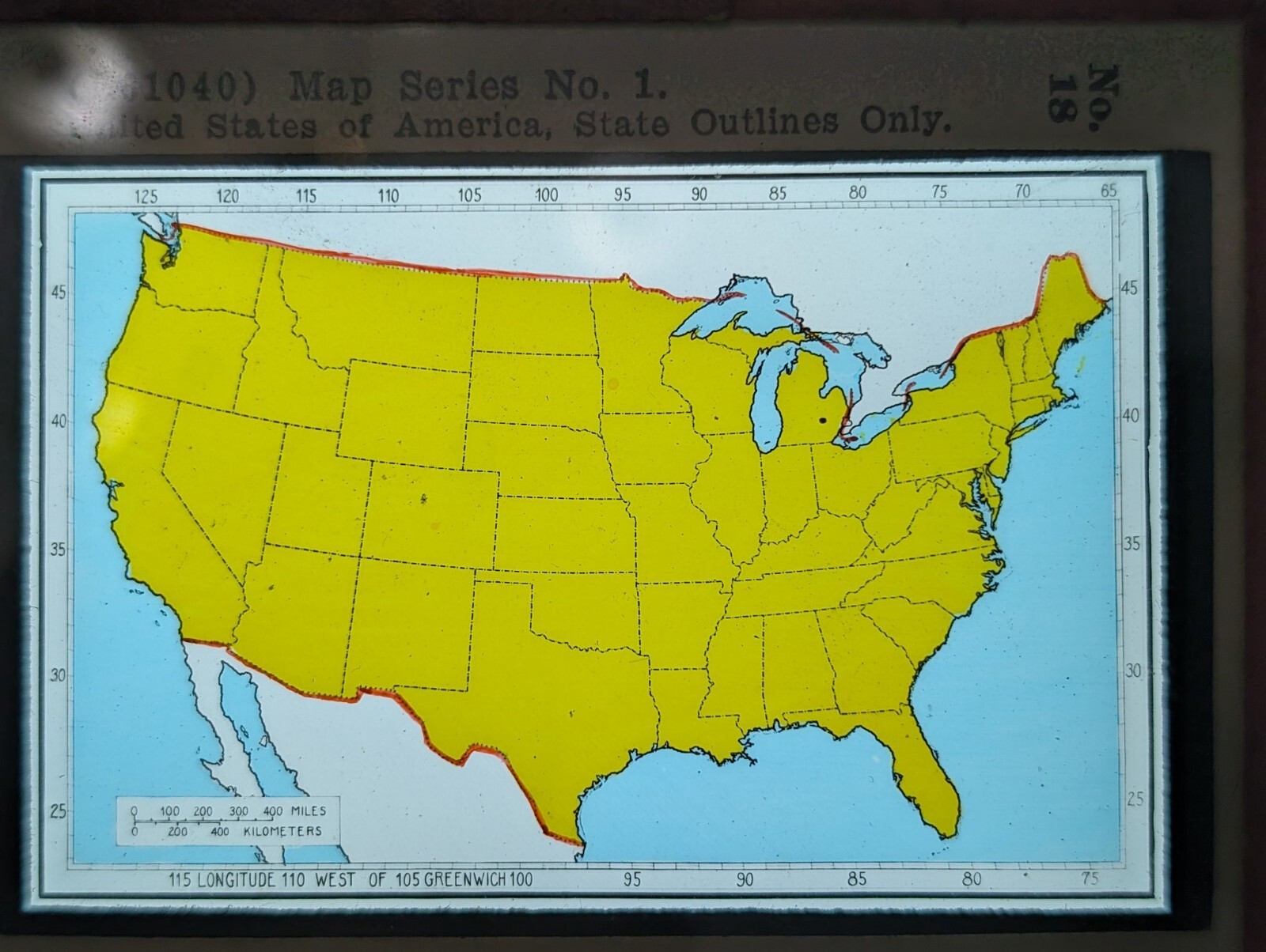 Glass Magic Lantern Slide Map Of United States Outline Keystone Color