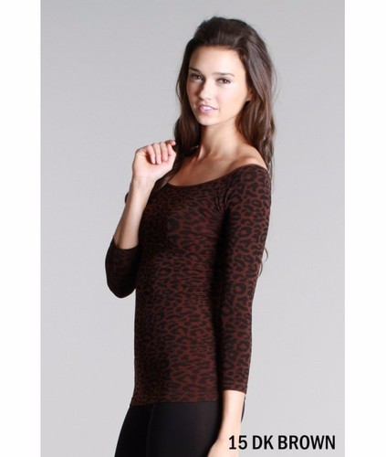 High Quality Leopard Print Scoop Neck Top with 3/4 Sleeves in Brown OS - Picture 2 of 3