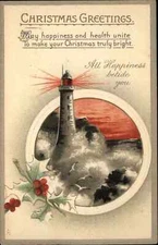 Christmas Lighthouse Holly Embossed Tuck c1900s-20s Postcard