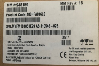 Intel Omni-path host fabric interface 100HFA016LS PCIe x16