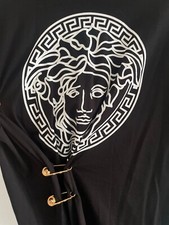 VERSACE medusa logo black dress with gold pins, size S