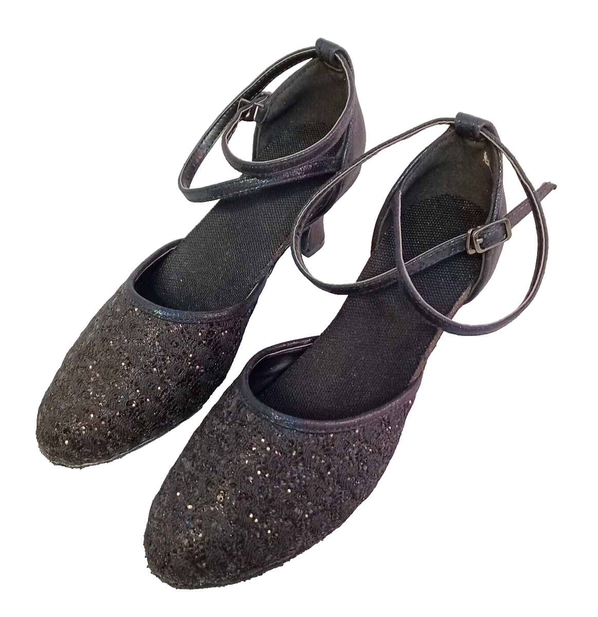 Black Glitter Women's Double Ankle Strap Pumps inch French Heel Size  US