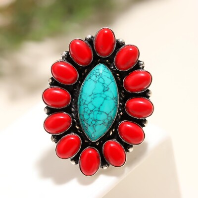 Turquoise & Red Coral Gemstone Ring Jewelry 925 Sterling Silver Gift For Wife