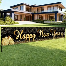 Happy New Year Yard Sign Banner 20x120 Inch Black Gold New Years Inflatables...