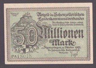 Sigmaringen Landeskommunalverband; 50 Mio. Mark vom Oktober 1923
