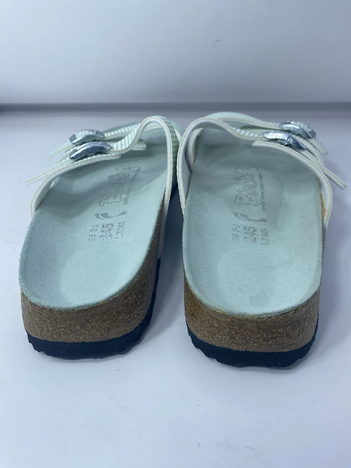 Birki's Birkenstock Aziza 白色薄荷绿色条纹凉鞋女式 7 N (38) — 第 3/4 张图片