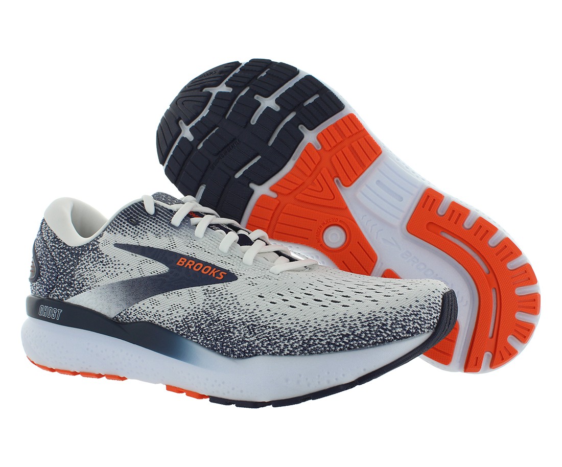 Brooks Ghost 16 Mens Shoes Size 9.5, Color: White/Peacoat/Orange
