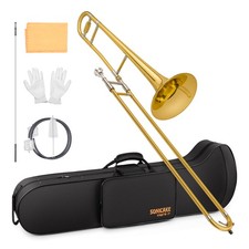 SONICAKE Bb Alto Trombone for Beginners - Gold Lacquer Brass Trombone Full Kit
