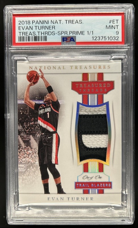 2018-19 National Treasures Evan Turner Threads Patch Super Prime #1/1 PSA 9
