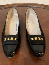 Vintage Salvatore Ferragamo Black Patent Shoes Size 9AA Gold Tone Buckle Italy