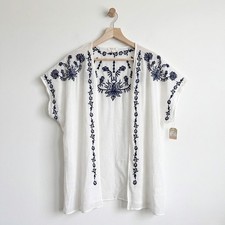 Taylor  Sage White Navy Embroidered Kimono Cardigan Open Front Medium NEW