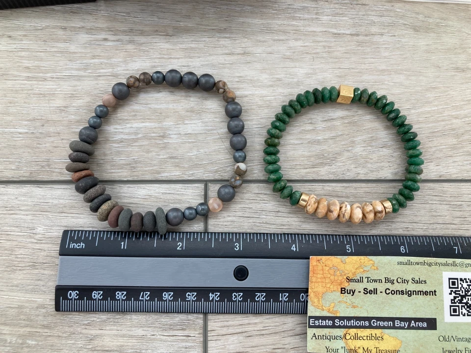 Pulseras artesanales de piedra de jade verde y amazonita Jada Jo tono dorado Foto 3 de 4