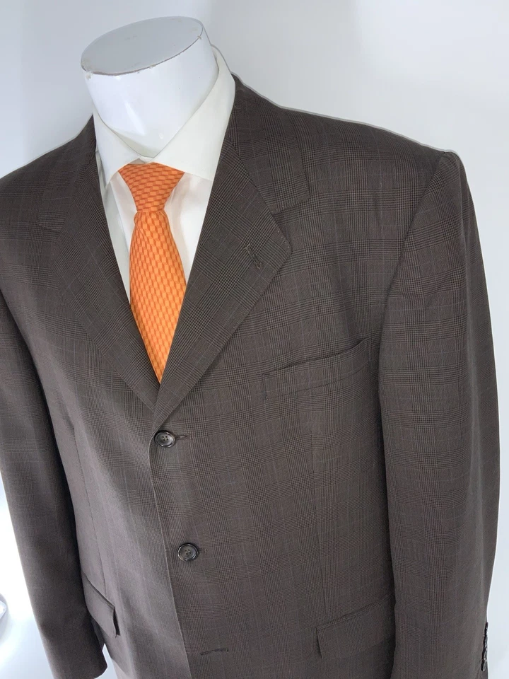 Chaqueta de Traje Giovanni 46L Marrón Azul Lana de Escala a Cuadros 3 Botones Sin Ventilación YGI U5-6 Foto 3 de 4