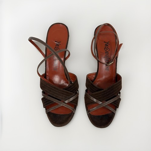 Yves Saint Laurent YSL Sandals Womens 7.5 Brown Suede Leather Strappy Vintage