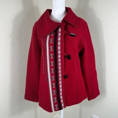 NorthStyle Wool Jacket Women M Red Embroidered Boiled Wool Toggle Artisan Folk