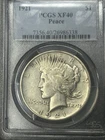1921 Peace Silver PCGS XF40 Problem Free High Relief Key Date One Year Type Coin