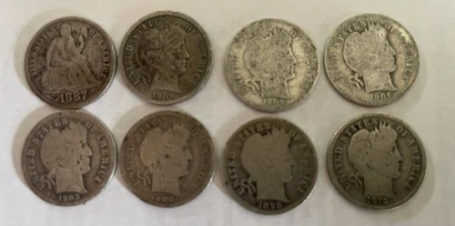 (8)US Estate Dimes Nice 1887s Seated Liberty/Barber Lot .80 Face Value 90 Silver