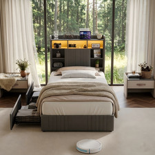 Polsterbett 90x200 cm Einzelbett mit LED USB Bettgestell mit Lattenrost Stauraum