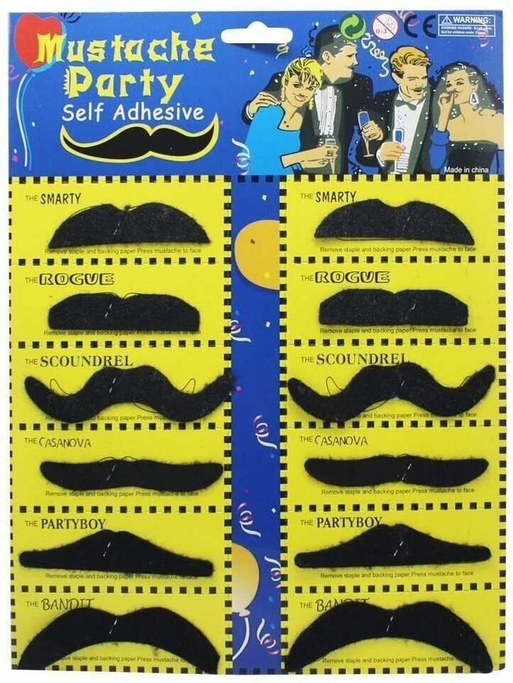 12 Black Fake Moustache Assortment Novelty Mustache Fancy Dress Self Adhesive