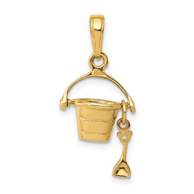 10K Yellow Gold 3-D Beach Bucket with Shovel Charm Pendant 1.26gm L-21mm