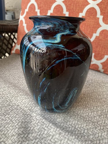 Original Signed Easy Art Glass Teal Blue Brown Swirl Hand Blown Vase - Picture 2 of 8
