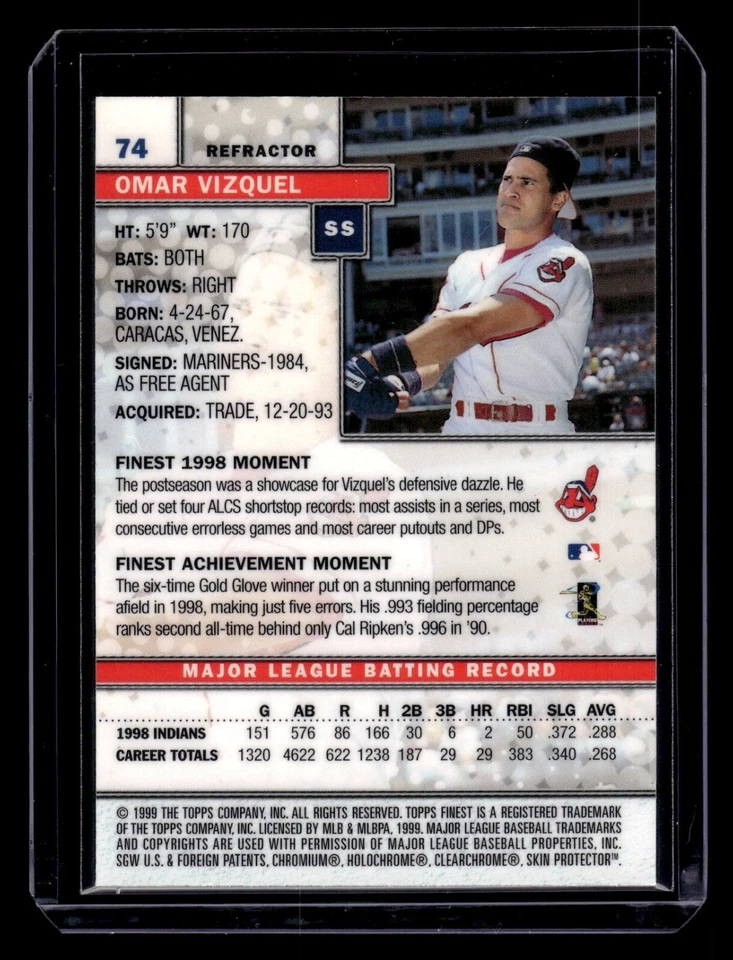1999 Topps Finest Refractor #74 Omar Vizquel w/ Coating Indians HOF - Image 2 of 2