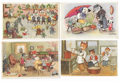 Comic Hunde & Katzen 8 alte Postkarten Dutch Captions Tom Poes 1951