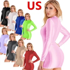Women's Glossy Shiny Dress Bodycon Pencil Mock Neck Bandage Dance Nightclub