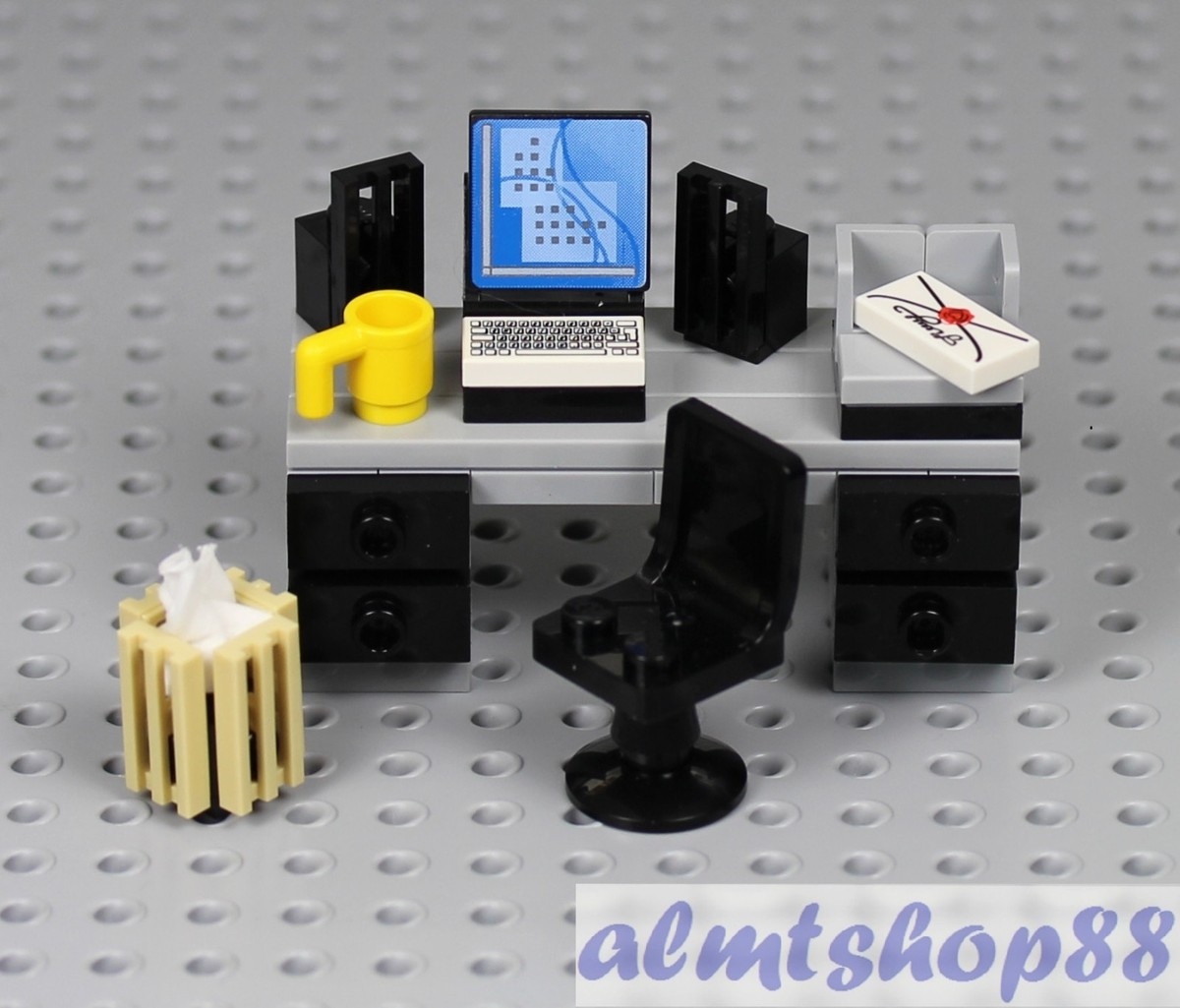 LEGO Office Desk w/ Swivel Chair Coffee Mug Waste Basket Desktop
