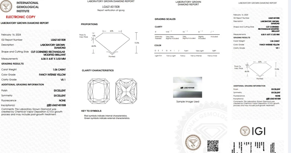 IGI CERTIFIED LAB GROWN DIAMOND CVD RADIANT CUT FANCY YELLOW COLOR VS1 1.06 CT - Image 2 of 4