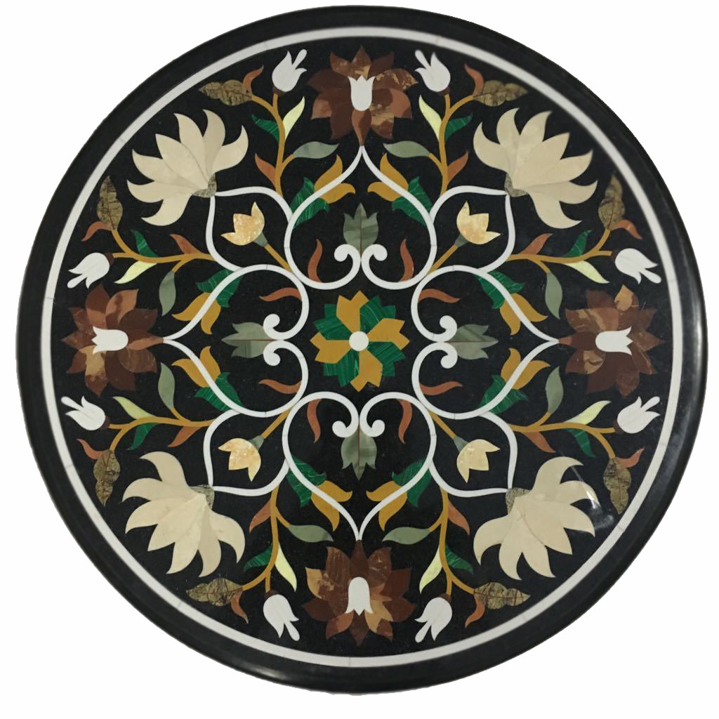 24-Inch Handmade Marble Pietra Dura Table Top with Semi-Precious Stone Inlay